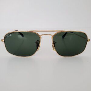 Men's Retro RAYBAN Sunglasses Logo Mark Goldtone Frame Green Tint Lenses + Case